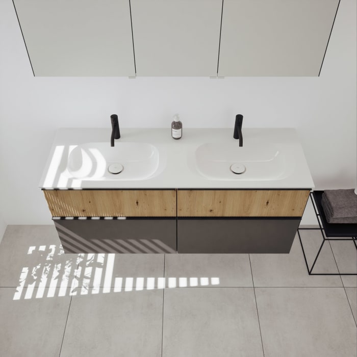 burgbad Fiumo 2.0 Badmöbelset 142 cm mit Waschtisch mit Unterschrank mit Griff G0200 und Spiegelschrank