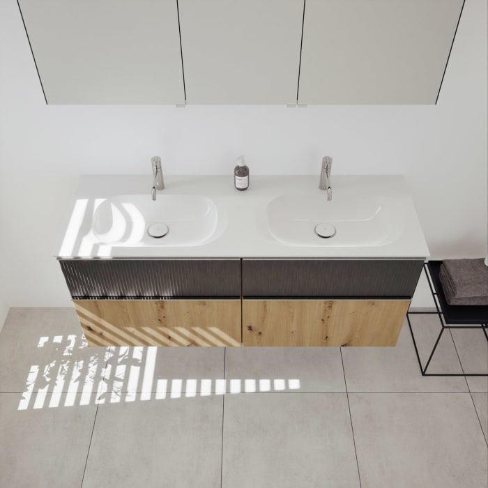 burgbad Fiumo 2.0 Badmöbelset 142 cm mit Waschtisch mit Unterschrank mit Griff G0146 und Spiegelschrank