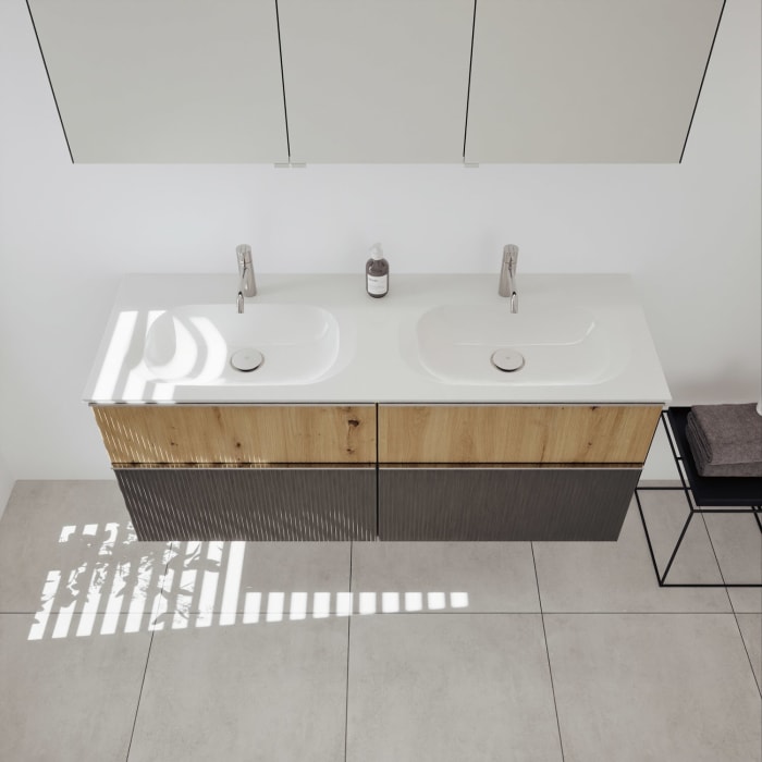 burgbad Fiumo 2.0 Badmöbelset 142 cm mit Waschtisch mit Unterschrank mit Griff G0146 und Spiegelschrank