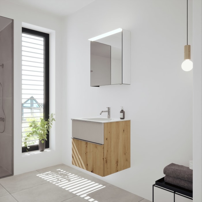 burgbad Fiumo 2.0 Badmöbelset 62 cm mit Waschtisch mit Unterschrank mit Griff G0146 und Spiegelschrank