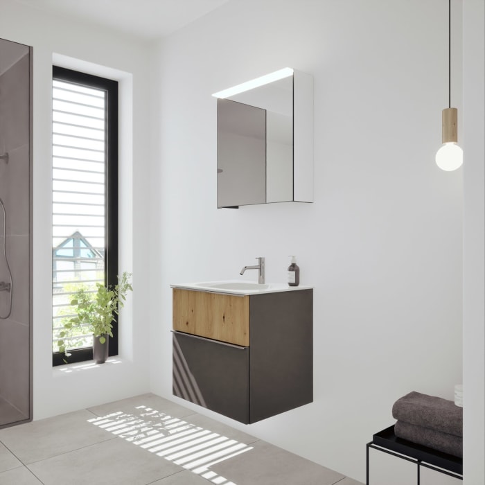 burgbad Fiumo 2.0 Badmöbelset 62 cm mit Waschtisch mit Unterschrank mit Griff G0146 und Spiegelschrank