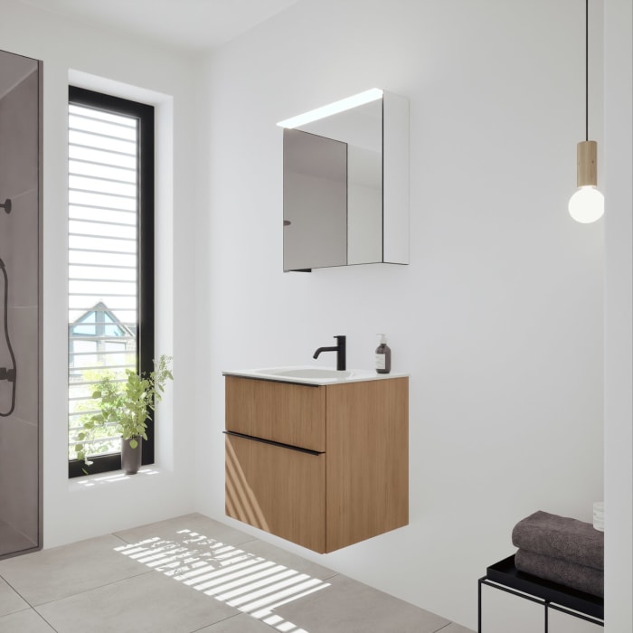 burgbad Fiumo 2.0 Badmöbelset 62 cm mit Waschtisch mit Unterschrank mit Griff G0200 und Spiegelschrank