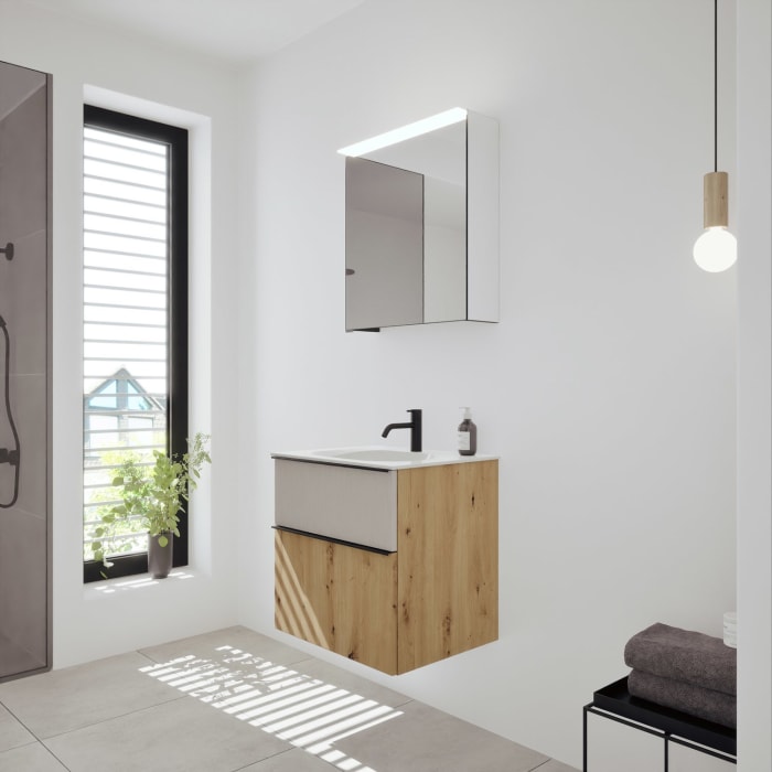 burgbad Fiumo 2.0 Badmöbelset 62 cm mit Waschtisch mit Unterschrank mit Griff G0200 und Spiegelschrank