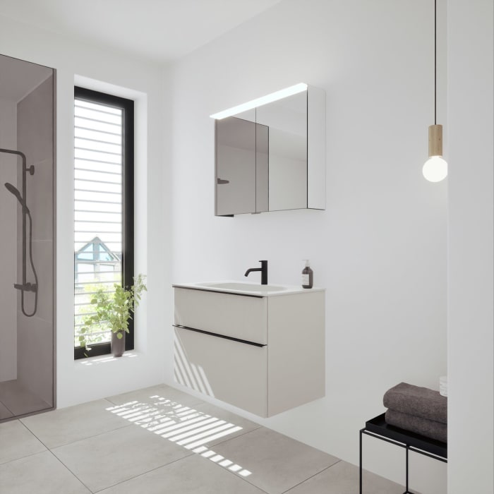 burgbad Fiumo 2.0 Badmöbelset 82 cm mit Waschtisch mit Unterschrank mit Griff G0200 und Spiegelschrank