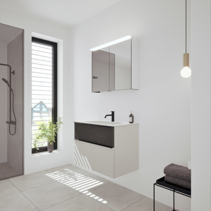 burgbad Fiumo 2.0 Badmöbelset 82 cm mit Waschtisch mit Unterschrank mit Griff G0200 und Spiegelschrank