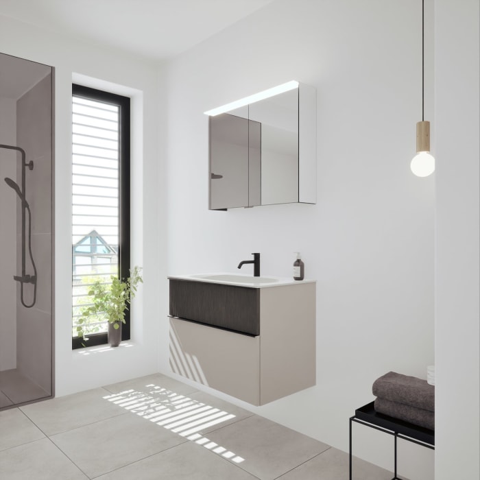 burgbad Fiumo 2.0 Badmöbelset 82 cm mit Waschtisch mit Unterschrank mit Griff G0200 und Spiegelschrank