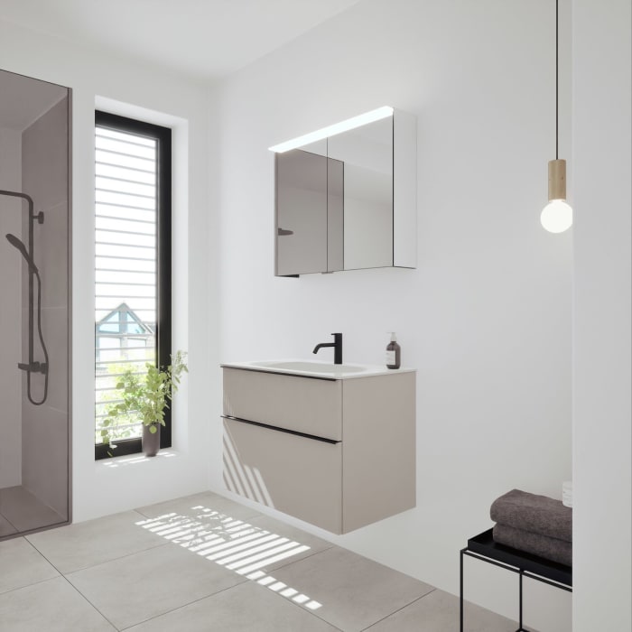 burgbad Fiumo 2.0 Badmöbelset 82 cm mit Waschtisch mit Unterschrank mit Griff G0200 und Spiegelschrank