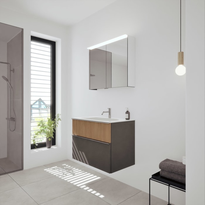 burgbad Fiumo 2.0 Badmöbelset 82 cm mit Waschtisch mit Unterschrank mit Griff G0146 und Spiegelschrank