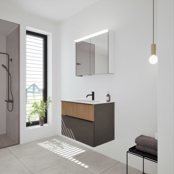 burgbad Fiumo 2.0 Badmöbelset 82 cm mit Waschtisch mit Unterschrank mit Griff G0200 und Spiegelschrank