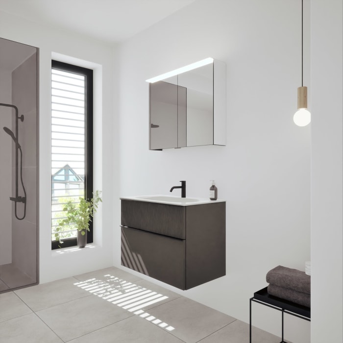 burgbad Fiumo 2.0 Badmöbelset 82 cm mit Waschtisch mit Unterschrank mit Griff G0200 und Spiegelschrank