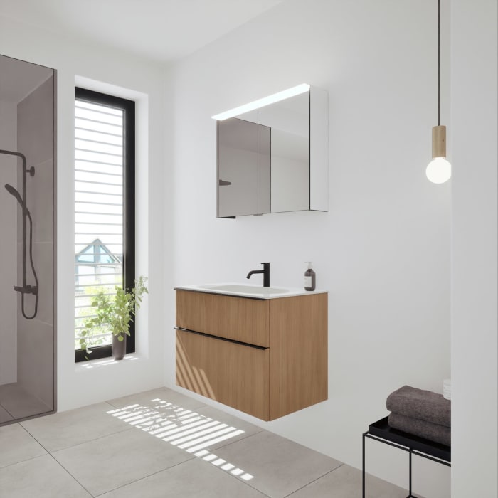 burgbad Fiumo 2.0 Badmöbelset 82 cm mit Waschtisch mit Unterschrank mit Griff G0200 und Spiegelschrank