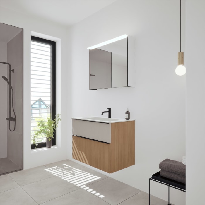 burgbad Fiumo 2.0 Badmöbelset 82 cm mit Waschtisch mit Unterschrank mit Griff G0200 und Spiegelschrank