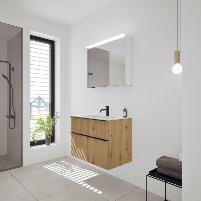 burgbad Fiumo 2.0 Badmöbelset 82 cm mit Waschtisch mit Unterschrank mit Griff G0200 und Spiegelschrank