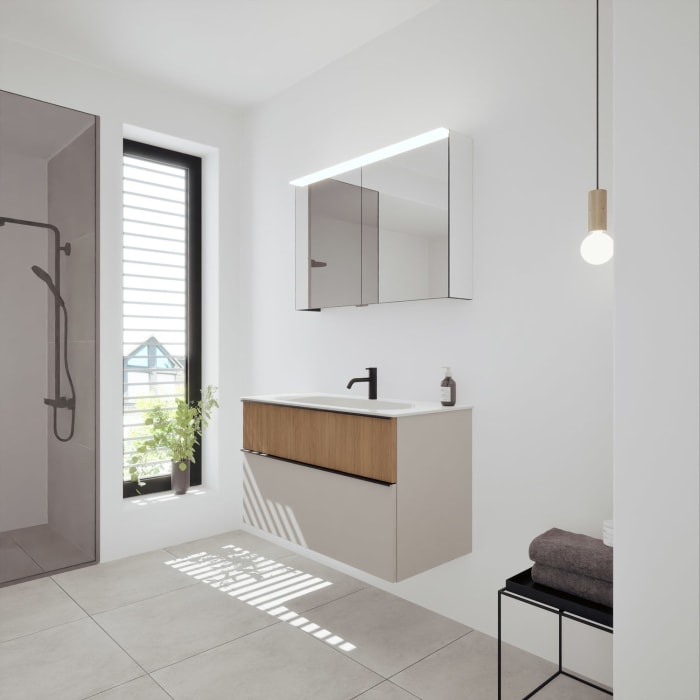 burgbad Fiumo 2.0 Badmöbelset 102 cm mit Waschtisch mit Unterschrank mit Griff G0200 und Spiegelschrank