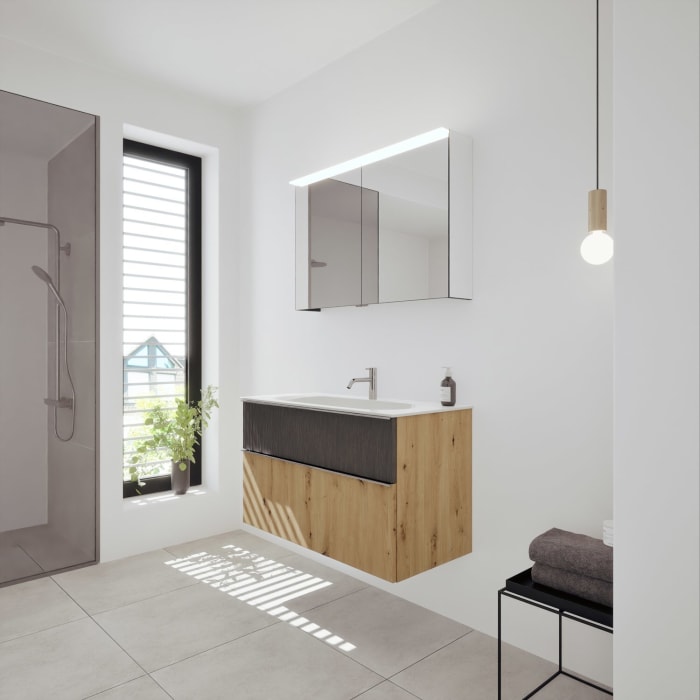 burgbad Fiumo 2.0 Badmöbelset 102 cm mit Waschtisch mit Unterschrank mit Griff G0146 und Spiegelschrank