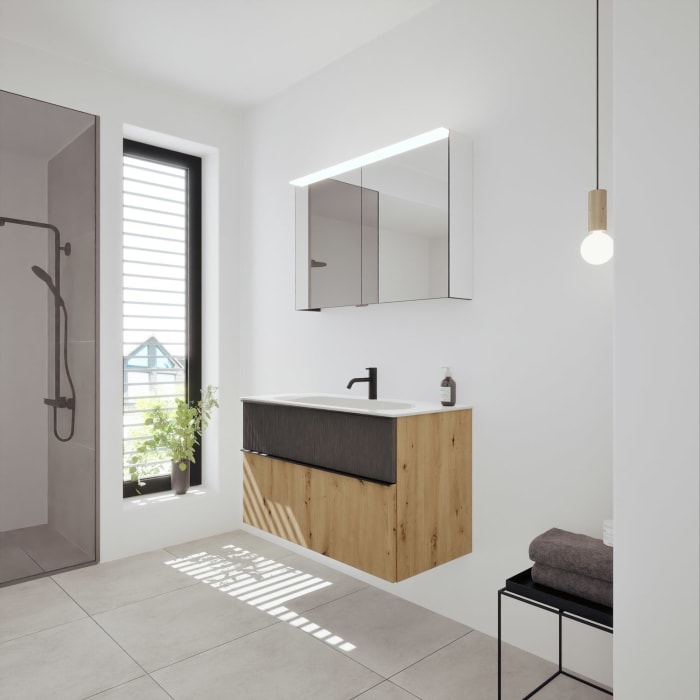 burgbad Fiumo 2.0 Badmöbelset 102 cm mit Waschtisch mit Unterschrank mit Griff G0200 und Spiegelschrank