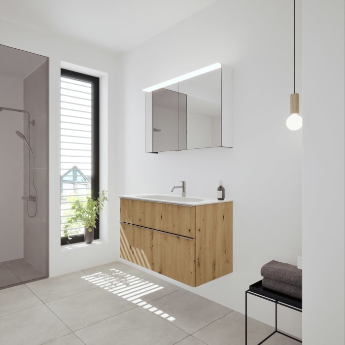 burgbad Fiumo 2.0 Badmöbelset 102 cm mit Waschtisch mit Unterschrank mit Griff G0146 und Spiegelschrank