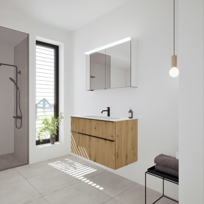 burgbad Fiumo 2.0 Badmöbelset 102 cm mit Waschtisch mit Unterschrank mit Griff G0200 und Spiegelschrank