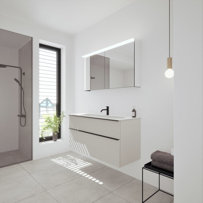 burgbad Fiumo 2.0 Badmöbelset 122 cm mit Waschtisch mit Unterschrank mit Griff G0200 und Spiegelschrank