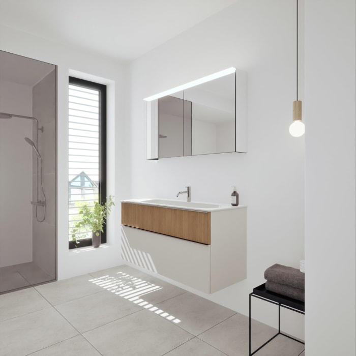 burgbad Fiumo 2.0 Badmöbelset 122 cm mit Waschtisch mit Unterschrank mit Griff G0146 und Spiegelschrank