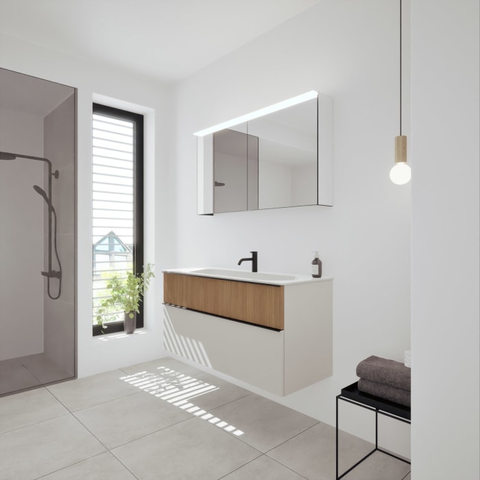 burgbad Fiumo 2.0 Badmöbelset 122 cm mit Waschtisch mit Unterschrank mit Griff G0200 und Spiegelschrank