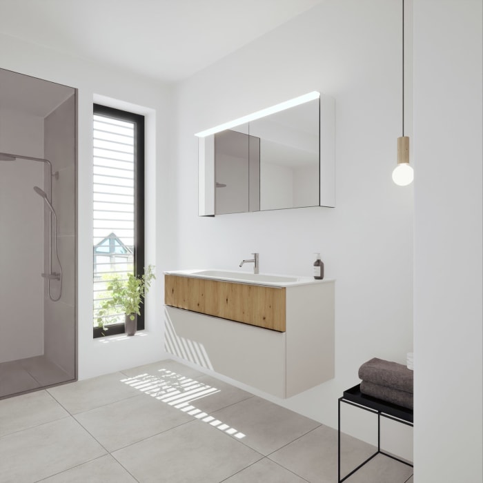 burgbad Fiumo 2.0 Badmöbelset 122 cm mit Waschtisch mit Unterschrank mit Griff G0146 und Spiegelschrank