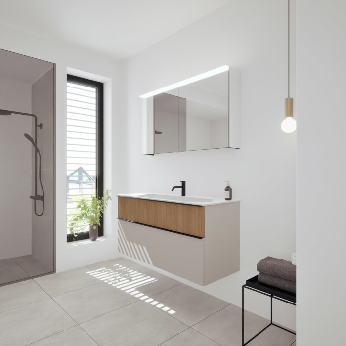 burgbad Fiumo 2.0 Badmöbelset 122 cm mit Waschtisch mit Unterschrank mit Griff G0200 und Spiegelschrank