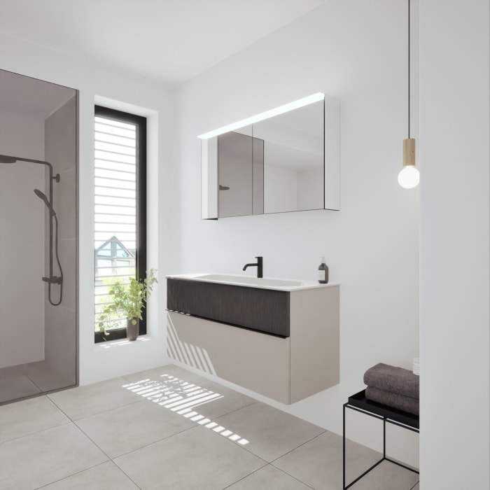 burgbad Fiumo 2.0 Badmöbelset 122 cm mit Waschtisch mit Unterschrank mit Griff G0200 und Spiegelschrank