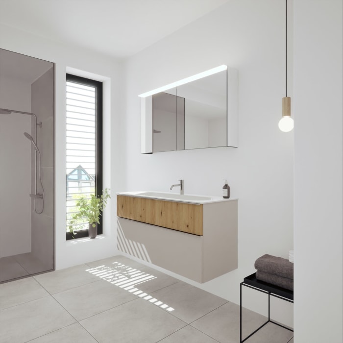 burgbad Fiumo 2.0 Badmöbelset 122 cm mit Waschtisch mit Unterschrank mit Griff G0146 und Spiegelschrank