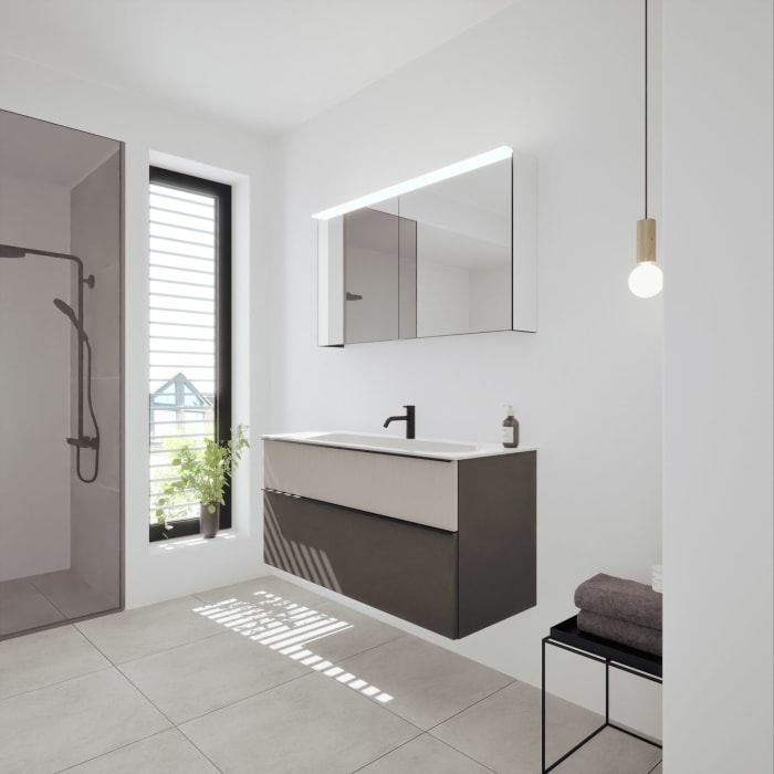 burgbad Fiumo 2.0 Badmöbelset 122 cm mit Waschtisch mit Unterschrank mit Griff G0200 und Spiegelschrank