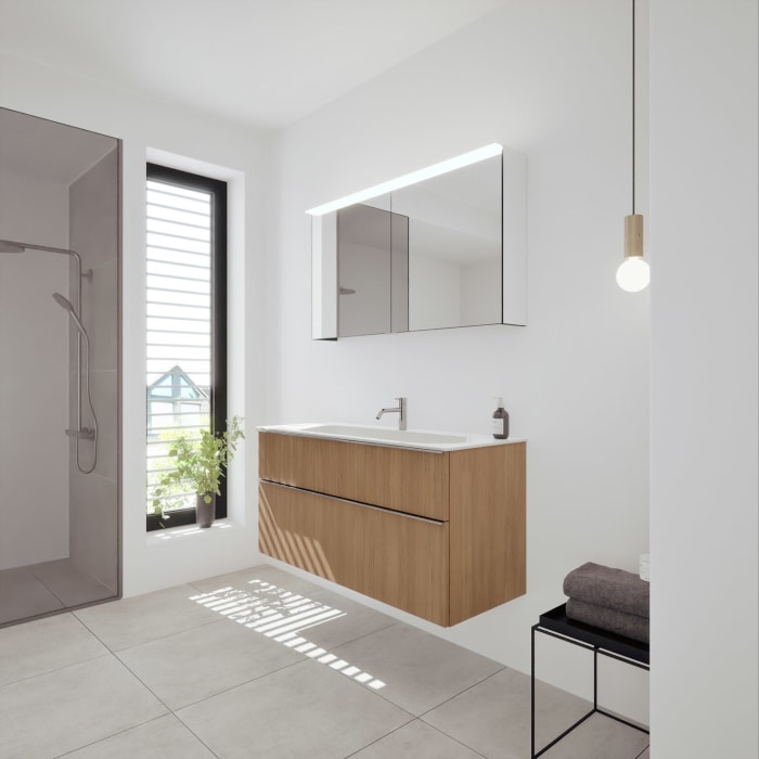 burgbad Fiumo 2.0 Badmöbelset 122 cm mit Waschtisch mit Unterschrank mit Griff G0146 und Spiegelschrank