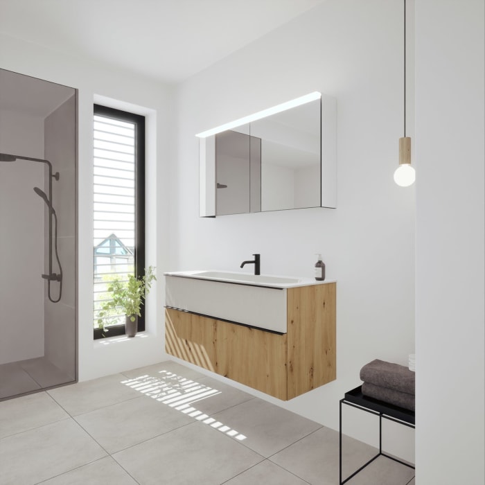 burgbad Fiumo 2.0 Badmöbelset 122 cm mit Waschtisch mit Unterschrank mit Griff G0200 und Spiegelschrank