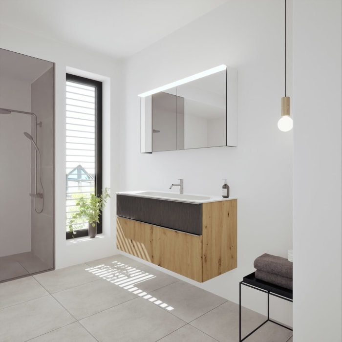 burgbad Fiumo 2.0 Badmöbelset 122 cm mit Waschtisch mit Unterschrank mit Griff G0146 und Spiegelschrank