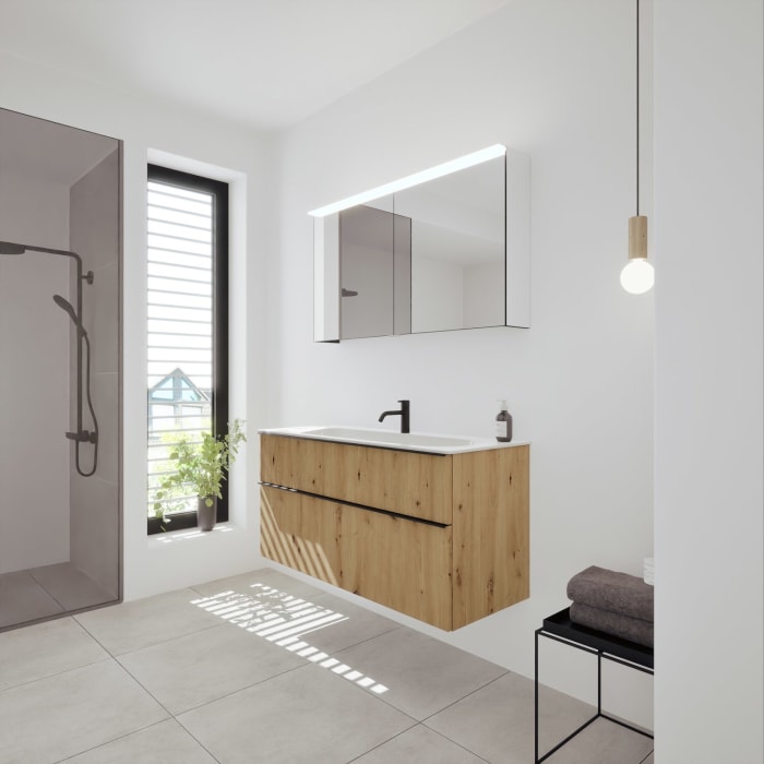 burgbad Fiumo 2.0 Badmöbelset 122 cm mit Waschtisch mit Unterschrank mit Griff G0200 und Spiegelschrank