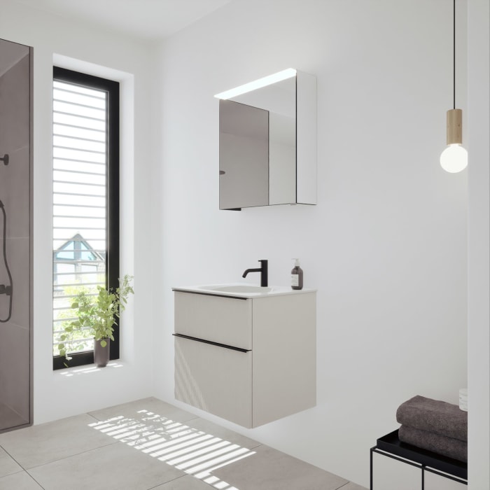 burgbad Fiumo 2.0 Badmöbelset 62 cm mit Waschtisch mit Unterschrank mit Griff G0200 und Spiegelschrank