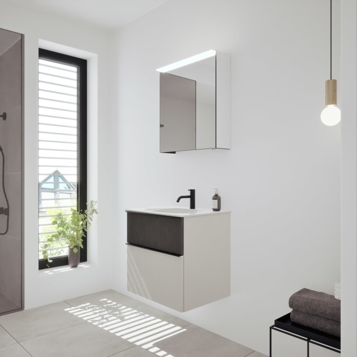 burgbad Fiumo 2.0 Badmöbelset 62 cm mit Waschtisch mit Unterschrank mit Griff G0200 und Spiegelschrank