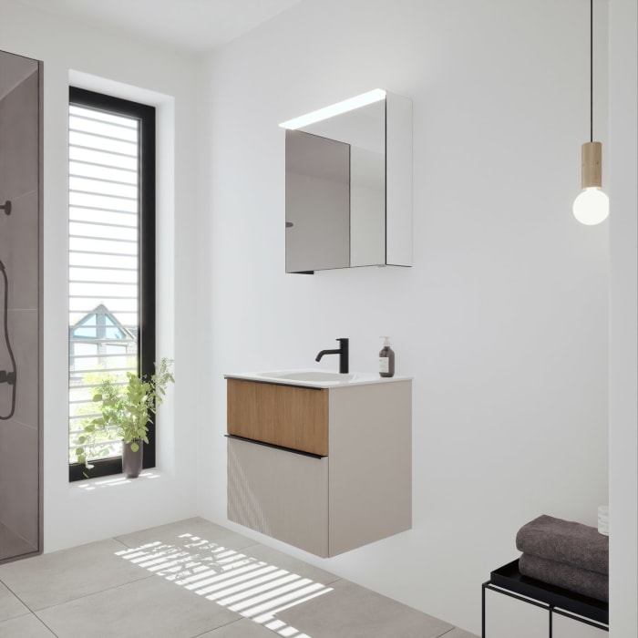 burgbad Fiumo 2.0 Badmöbelset 62 cm mit Waschtisch mit Unterschrank mit Griff G0200 und Spiegelschrank