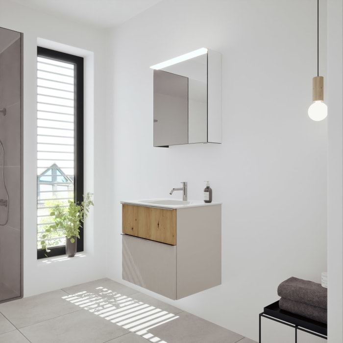 burgbad Fiumo 2.0 Badmöbelset 62 cm mit Waschtisch mit Unterschrank mit Griff G0146 und Spiegelschrank