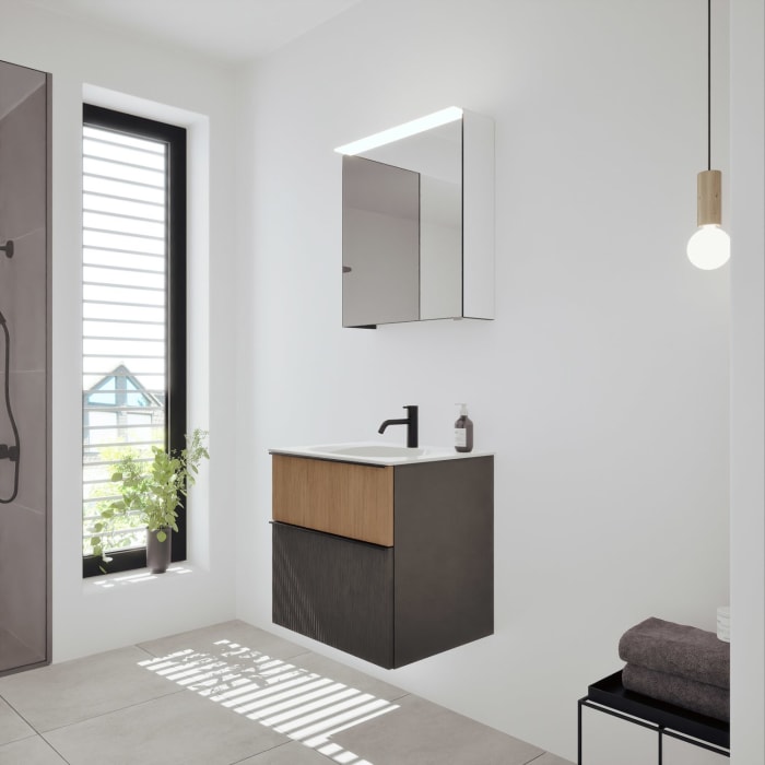 burgbad Fiumo 2.0 Badmöbelset 62 cm mit Waschtisch mit Unterschrank mit Griff G0200 und Spiegelschrank