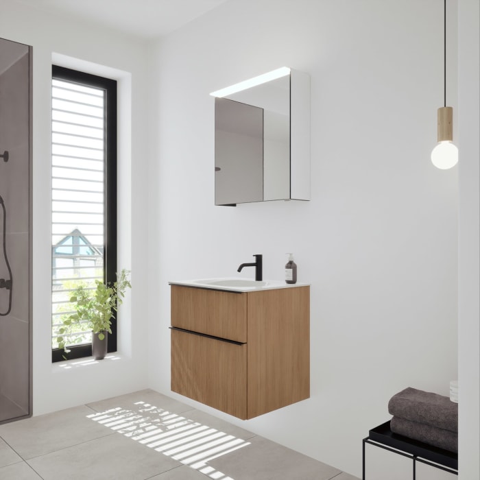 burgbad Fiumo 2.0 Badmöbelset 62 cm mit Waschtisch mit Unterschrank mit Griff G0200 und Spiegelschrank