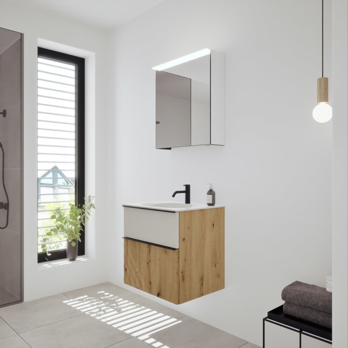 burgbad Fiumo 2.0 Badmöbelset 62 cm mit Waschtisch mit Unterschrank mit Griff G0200 und Spiegelschrank