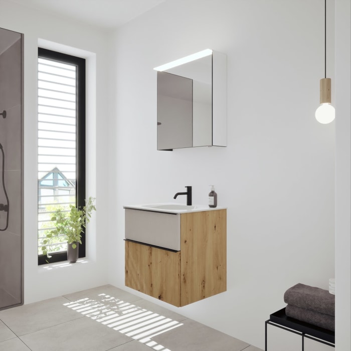 burgbad Fiumo 2.0 Badmöbelset 62 cm mit Waschtisch mit Unterschrank mit Griff G0200 und Spiegelschrank