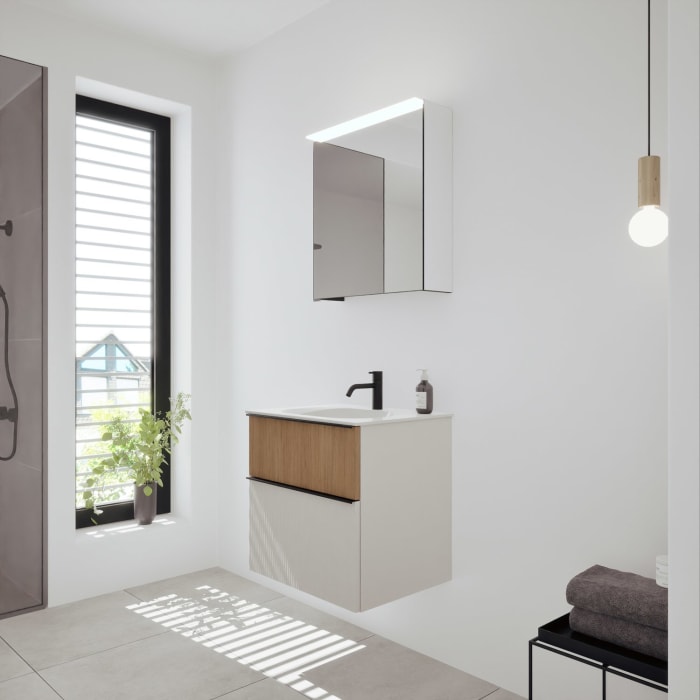 burgbad Fiumo 2.0 Badmöbelset 62 cm mit Waschtisch mit Unterschrank mit Griff G0200 und Spiegelschrank