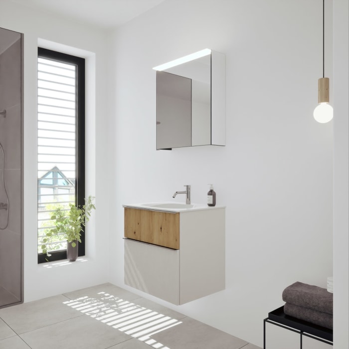 burgbad Fiumo 2.0 Badmöbelset 62 cm mit Waschtisch mit Unterschrank mit Griff G0146 und Spiegelschrank