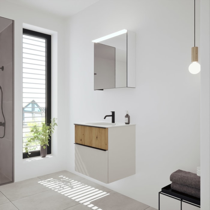 burgbad Fiumo 2.0 Badmöbelset 62 cm mit Waschtisch mit Unterschrank mit Griff G0200 und Spiegelschrank