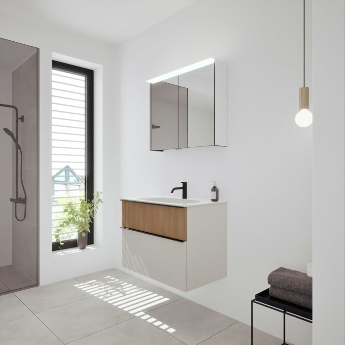 burgbad Fiumo 2.0 Badmöbelset 82 cm mit Waschtisch mit Unterschrank mit Griff G0200 und Spiegelschrank