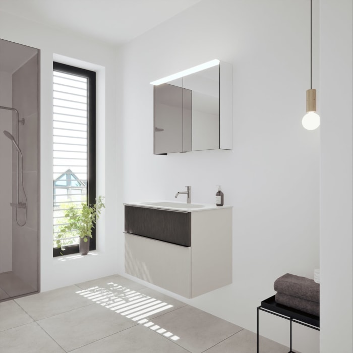 burgbad Fiumo 2.0 Badmöbelset 82 cm mit Waschtisch mit Unterschrank mit Griff G0146 und Spiegelschrank