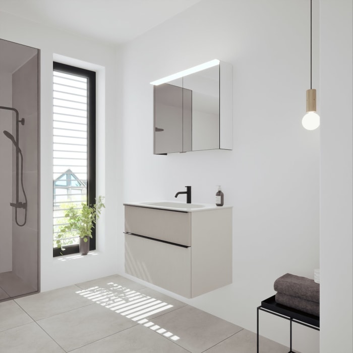 burgbad Fiumo 2.0 Badmöbelset 82 cm mit Waschtisch mit Unterschrank mit Griff G0200 und Spiegelschrank