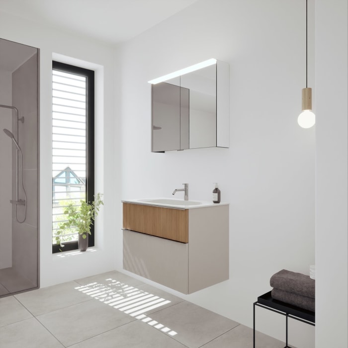 burgbad Fiumo 2.0 Badmöbelset 82 cm mit Waschtisch mit Unterschrank mit Griff G0146 und Spiegelschrank