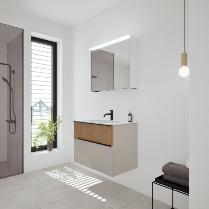 burgbad Fiumo 2.0 Badmöbelset 82 cm mit Waschtisch mit Unterschrank mit Griff G0200 und Spiegelschrank